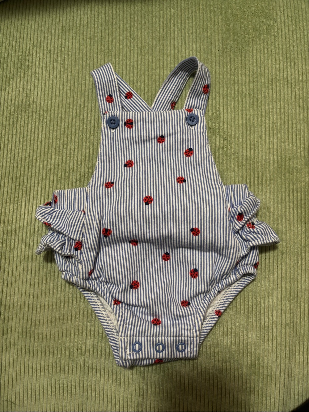 Carter's Blue and White Striped Pinafore Romper with Red Ladybugs
